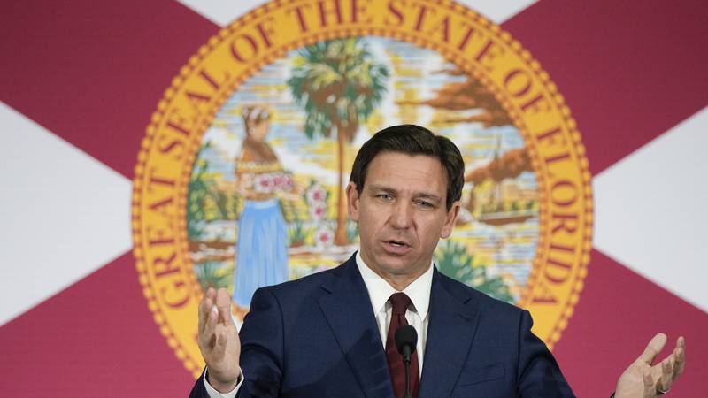 FILE - Florida Gov. Ron DeSantis speaks during a news conference, May 9, 2023, in Miami....