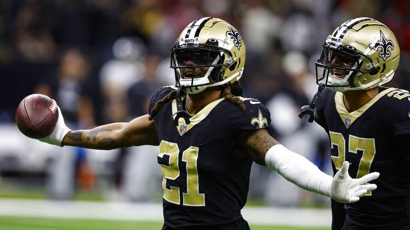 New Orleans Saints corner back Bradley Roby (21) celebrates a fumble recovery in front of...