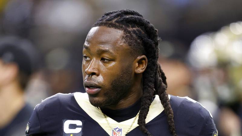 FILE - New Orleans Saints running back Alvin Kamara warms up for the team's NFL football game...